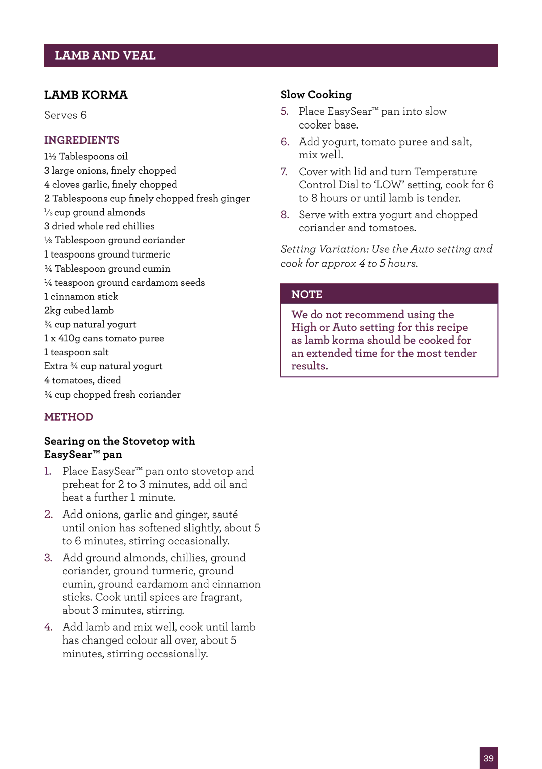 Breville BSC500 manual Lamb Korma 