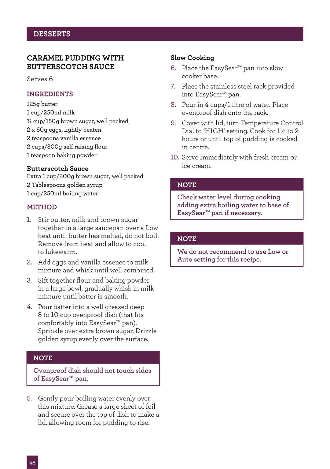 Breville BSC500 manual Desserts, Caramel Pudding with Butterscotch Sauce 