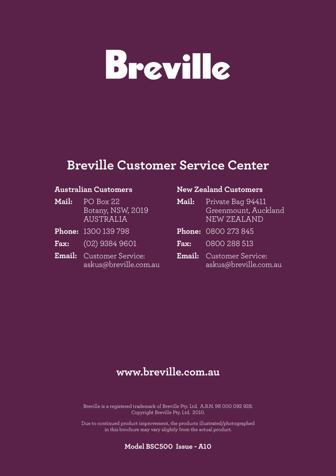 Breville BSC500 manual Australian Customers, New Zealand Customers, Mail, Phone, Breville Customer Service Center 