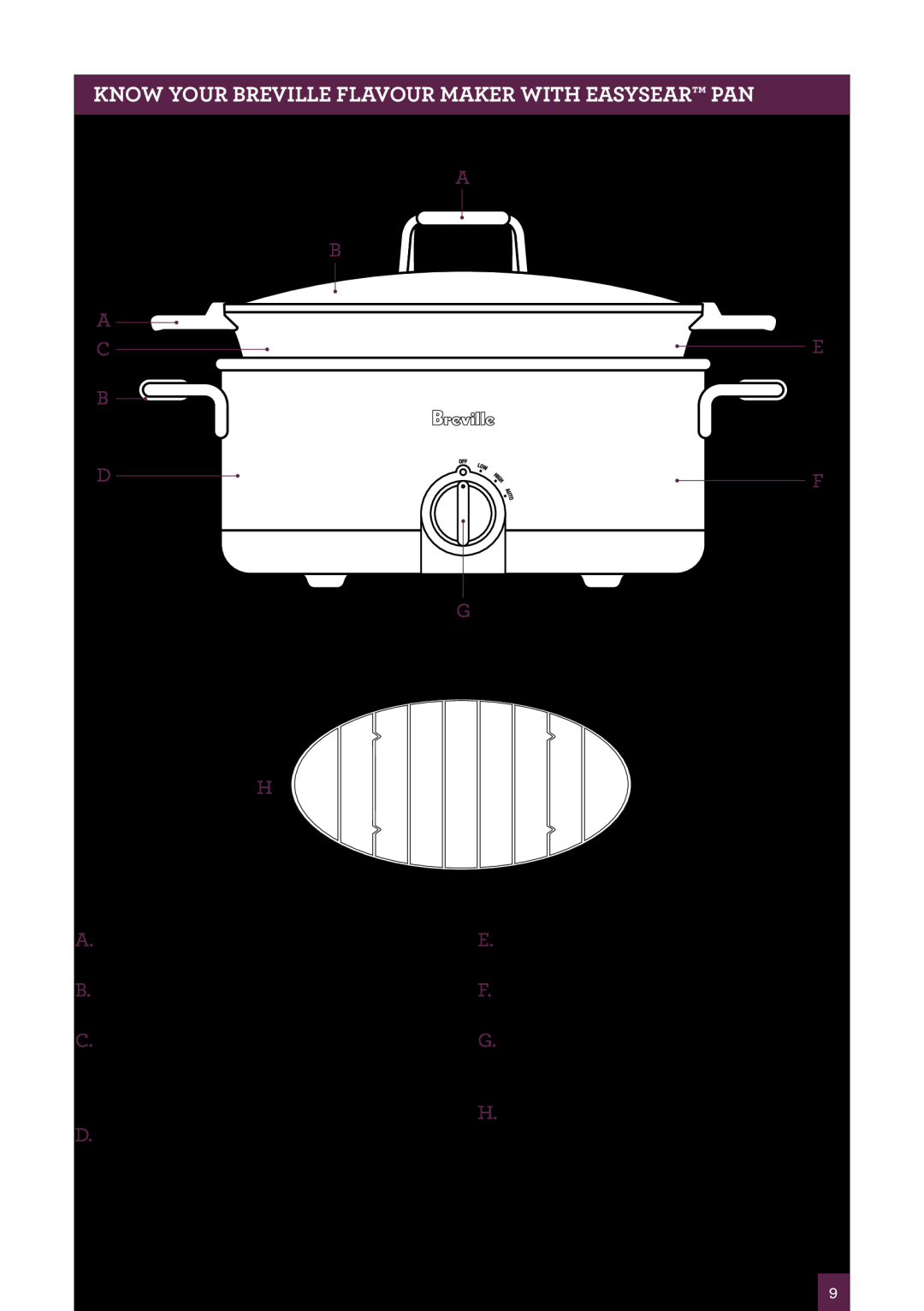Breville BSC500 manual A B A C B D G H, A.Silicon handle covers For heat protection 