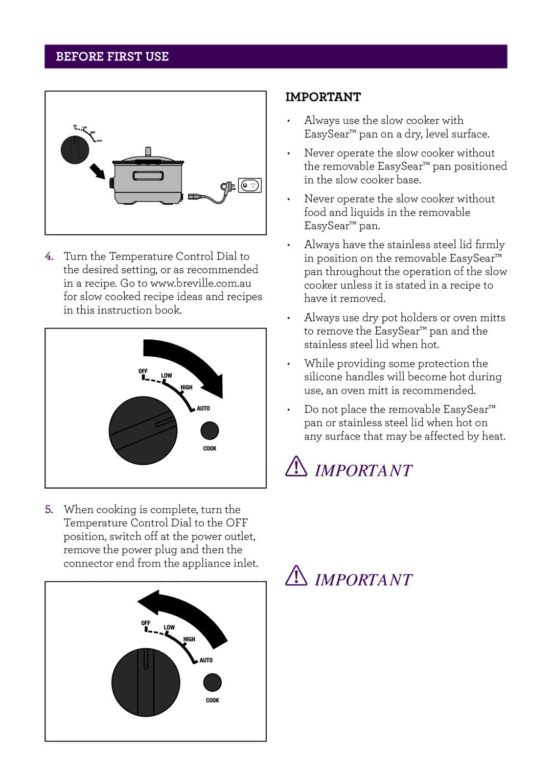 Breville BSC560 manual Always use the slow cooker with 