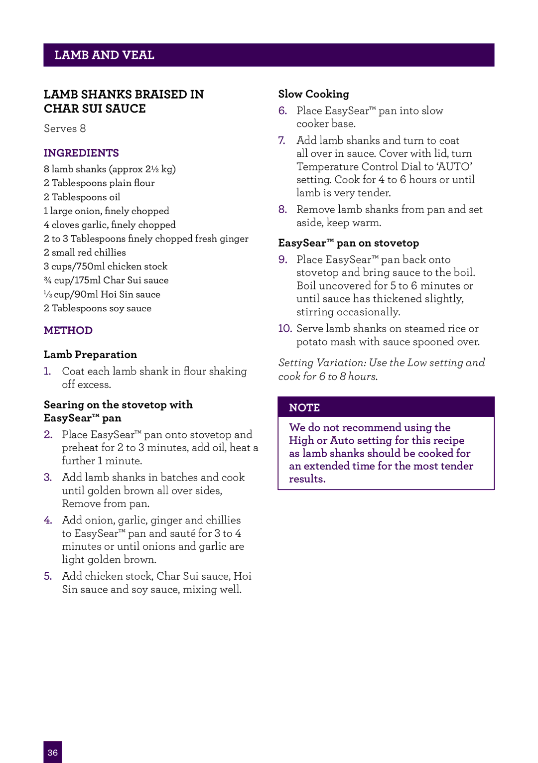 Breville BSC560 manual Lamb Shanks Braised Char SUI Sauce, Lamb Preparation, EasySear pan on stovetop 