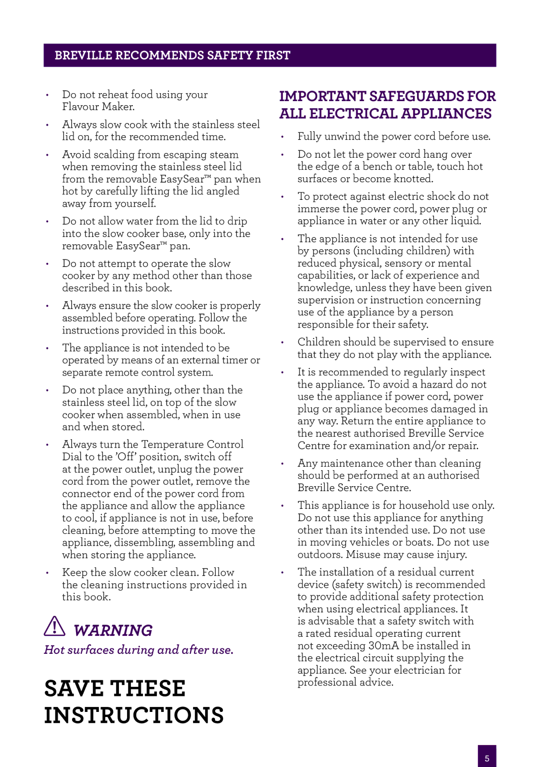 Breville BSC560 manual Important Safeguards for ALL Electrical Appliances 