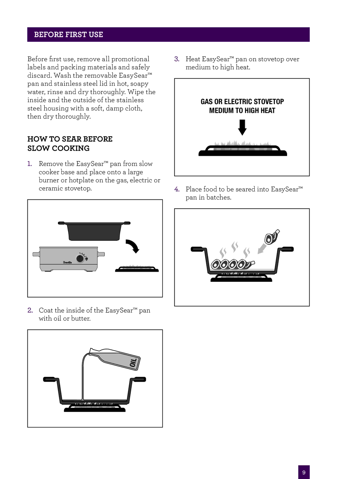 Breville BSC560 manual Before first use, HOW to Sear Before Slow Cooking 