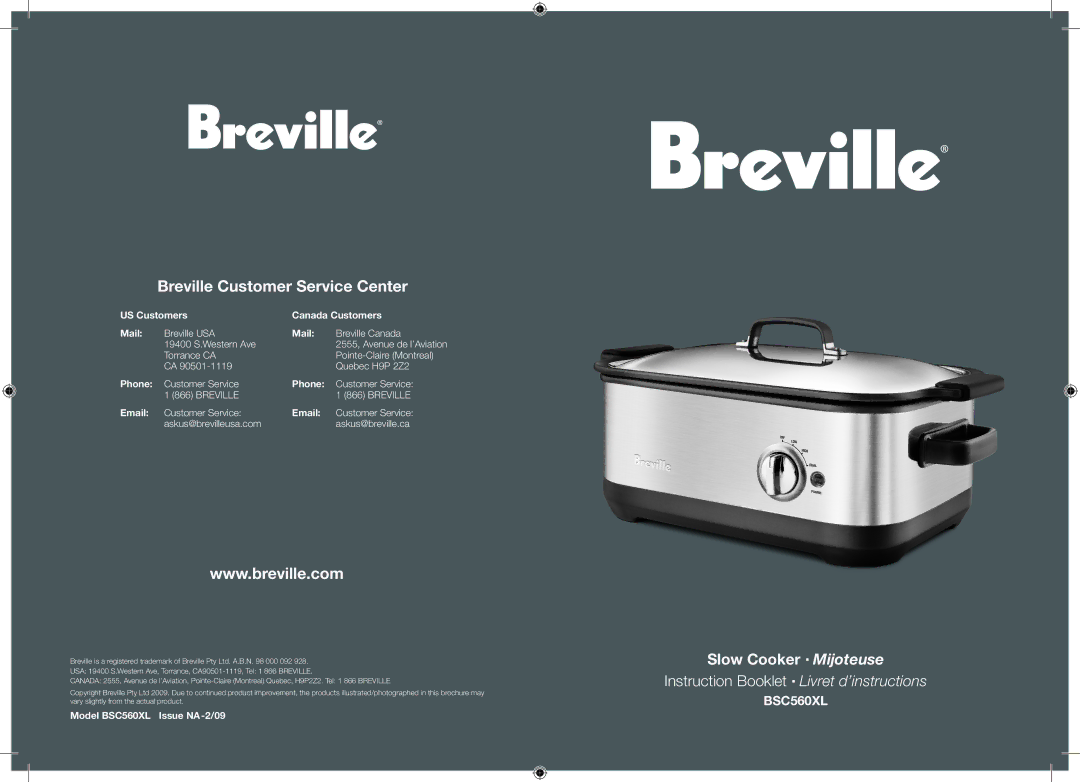 Breville BSC560XL brochure Slow Cooker Mijoteuse 