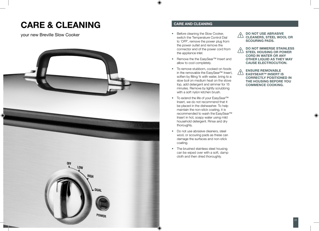 Breville BSC560XL brochure Care & Cleaning, Care and cleaning 