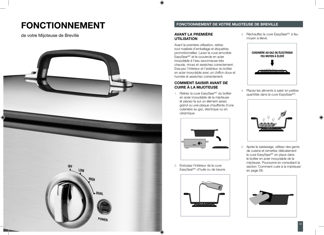 Breville BSC560XL brochure Fonctionnement de votre Mijoteuse de Breville, Avant LA Première Utilisation 