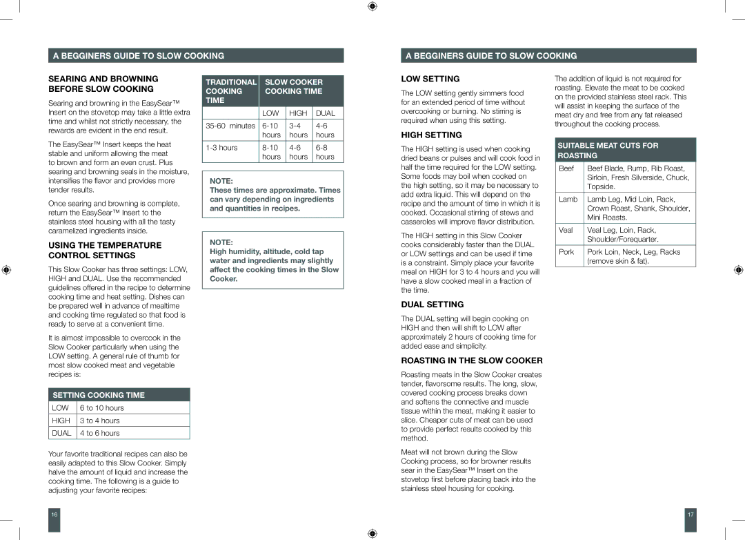 Breville BSC560XL brochure Searing and Browning Before Slow Cooking, Using the Temperature Control Settings 