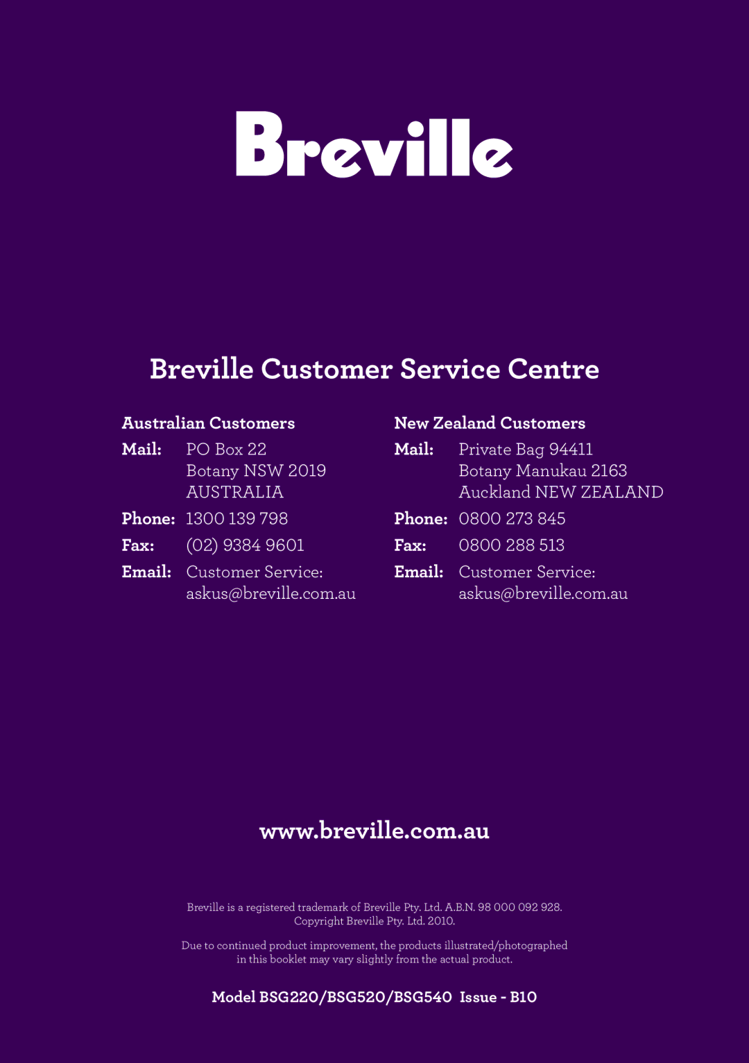 Breville BSG220, BSG540, BSG520 manual Australian Customers New Zealand Customers Mail, Phone, Fax 