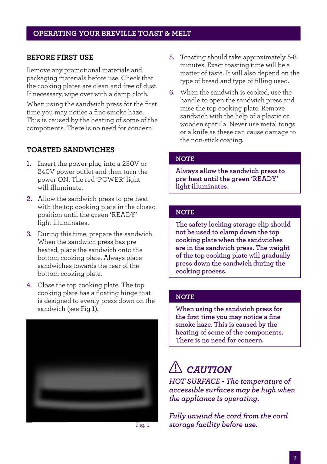 Breville BSG220, BSG540, BSG520 manual Operating Your Breville toast & melt, Before first use, Toasted sandwiches 