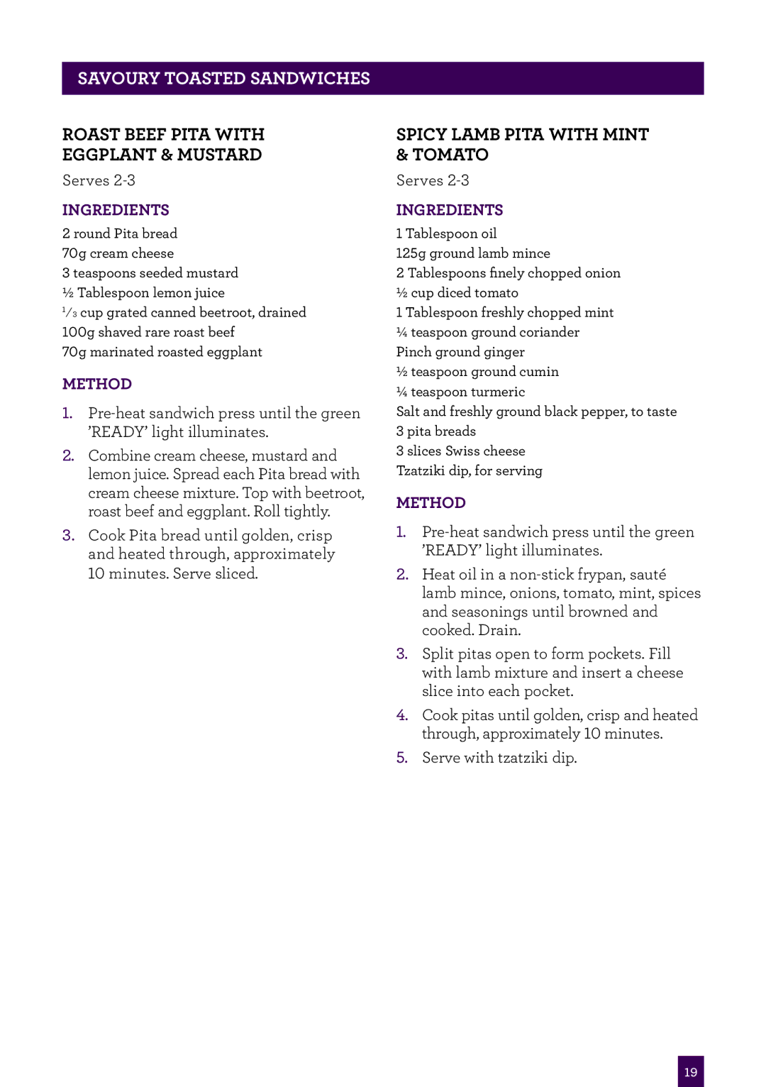 Breville BSG520, BSG540, BSG220 manual Roast Beef pita with eggplant & mustard, Spicy Lamb Pita with mint Tomato 