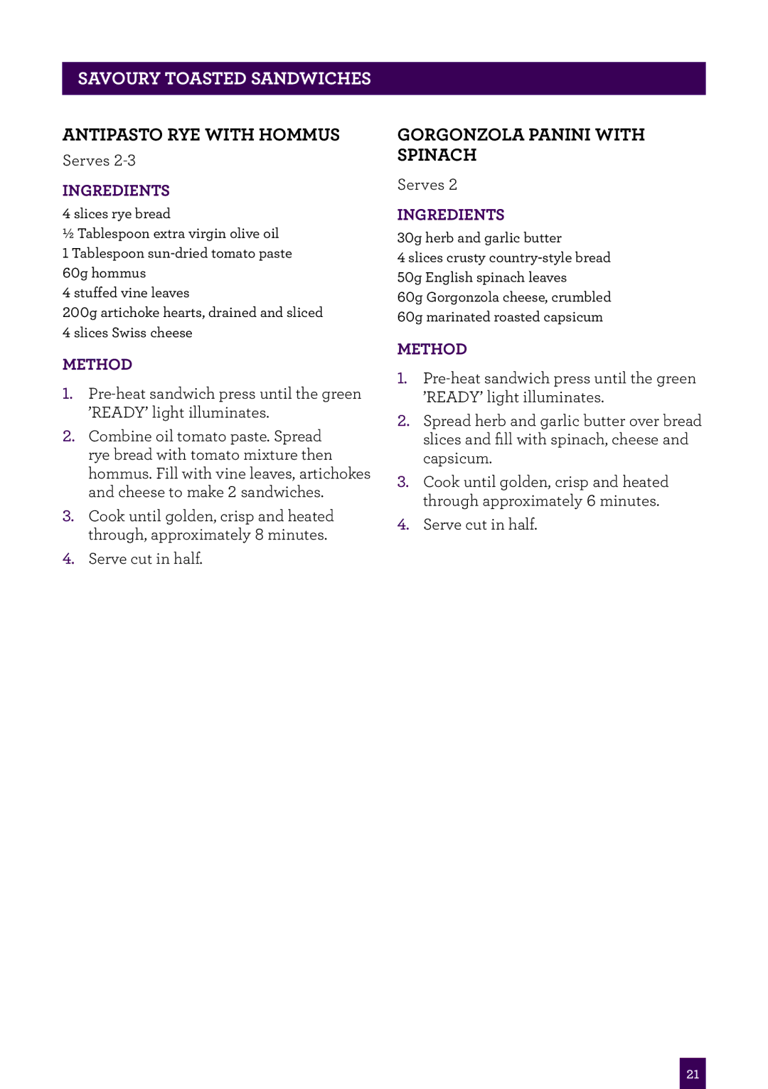 Breville BSG220, BSG540, BSG520 manual Antipasto RYE with hommus, Gorgonzola Panini with spinach 