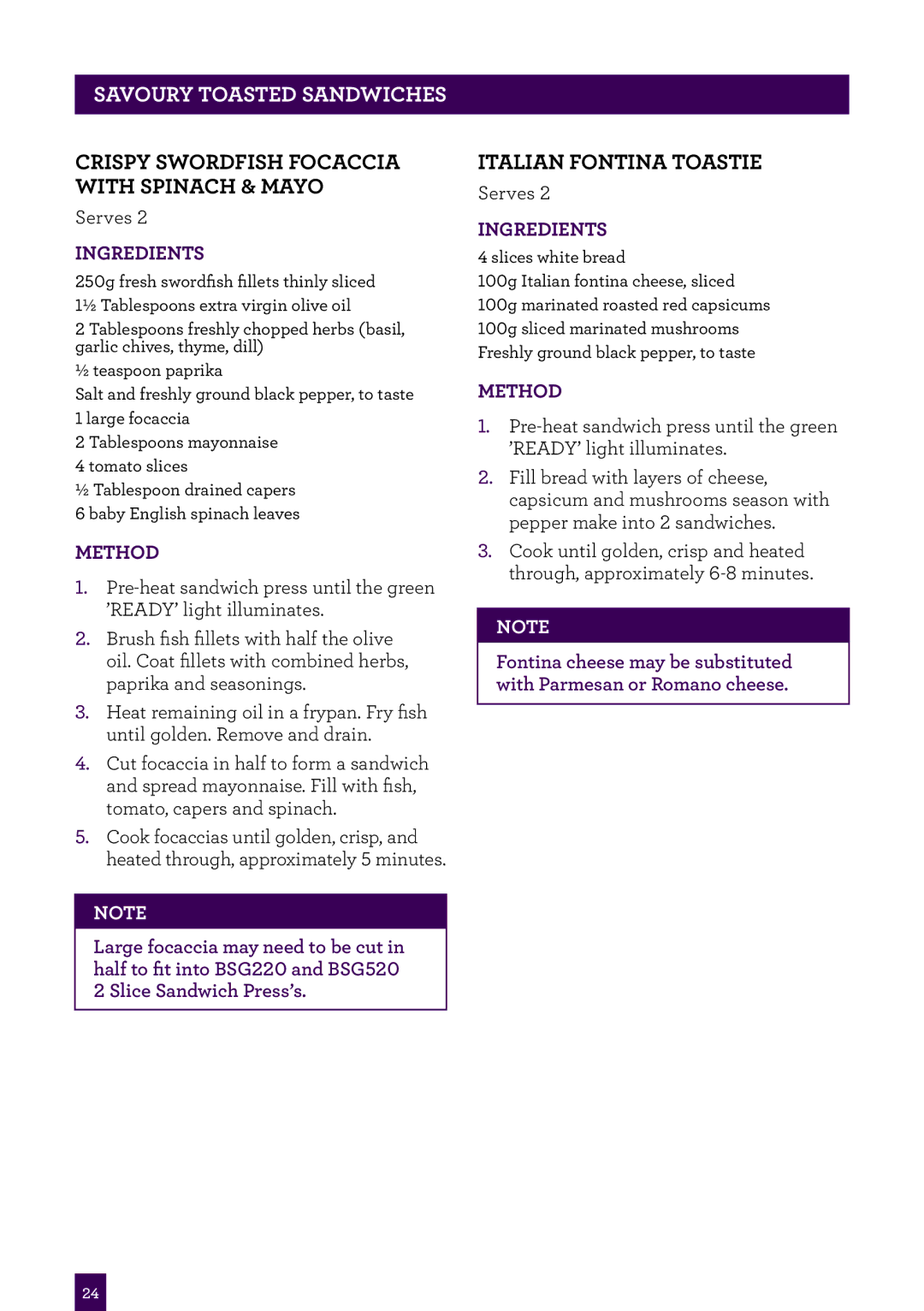 Breville BSG220, BSG540, BSG520 manual Crispy Swordfish focaccia with spinach & mayo, Italian Fontina Toastie 
