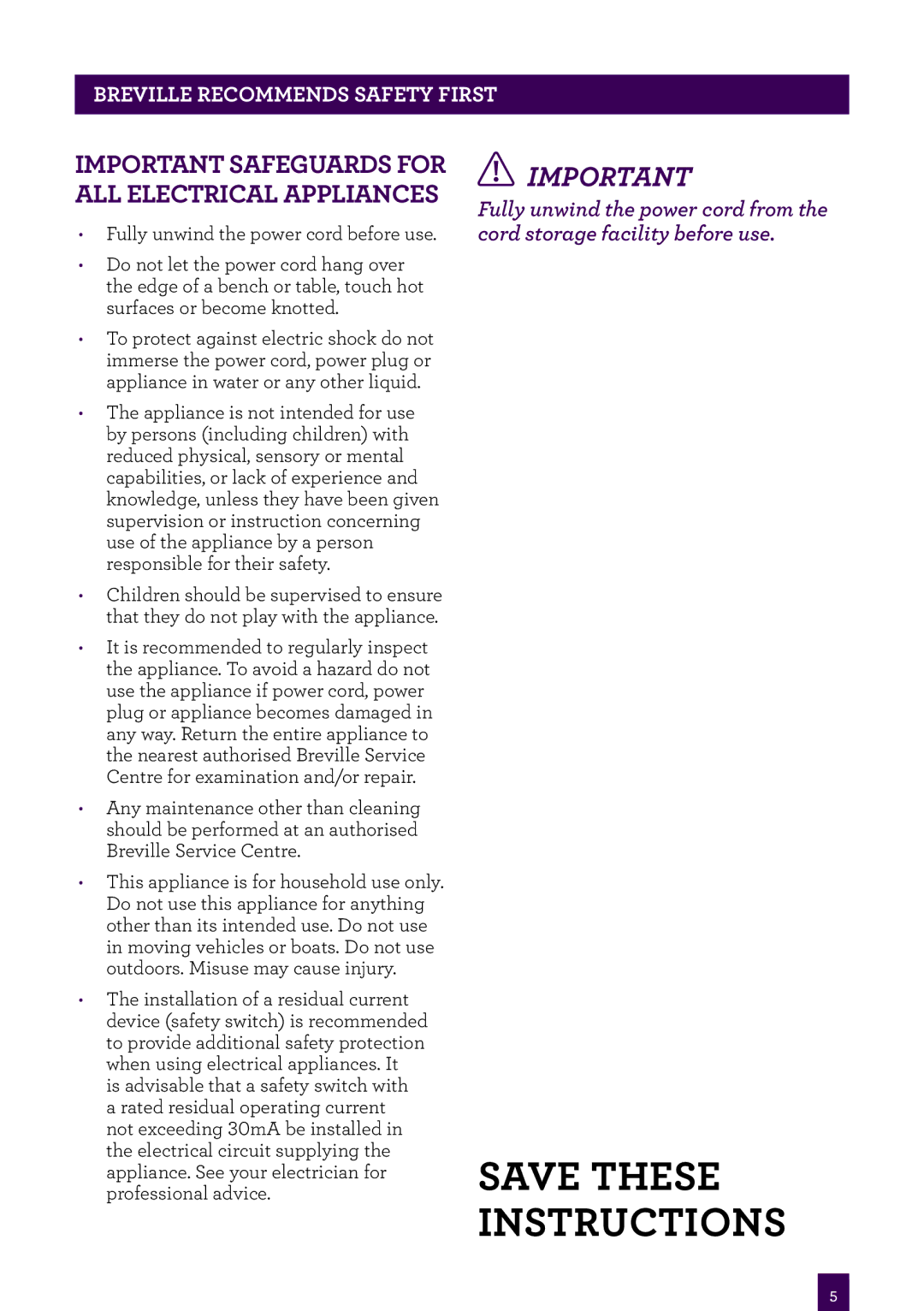 Breville BSG540, BSG220, BSG520 manual Important Safeguards for ALL Electrical Appliances 