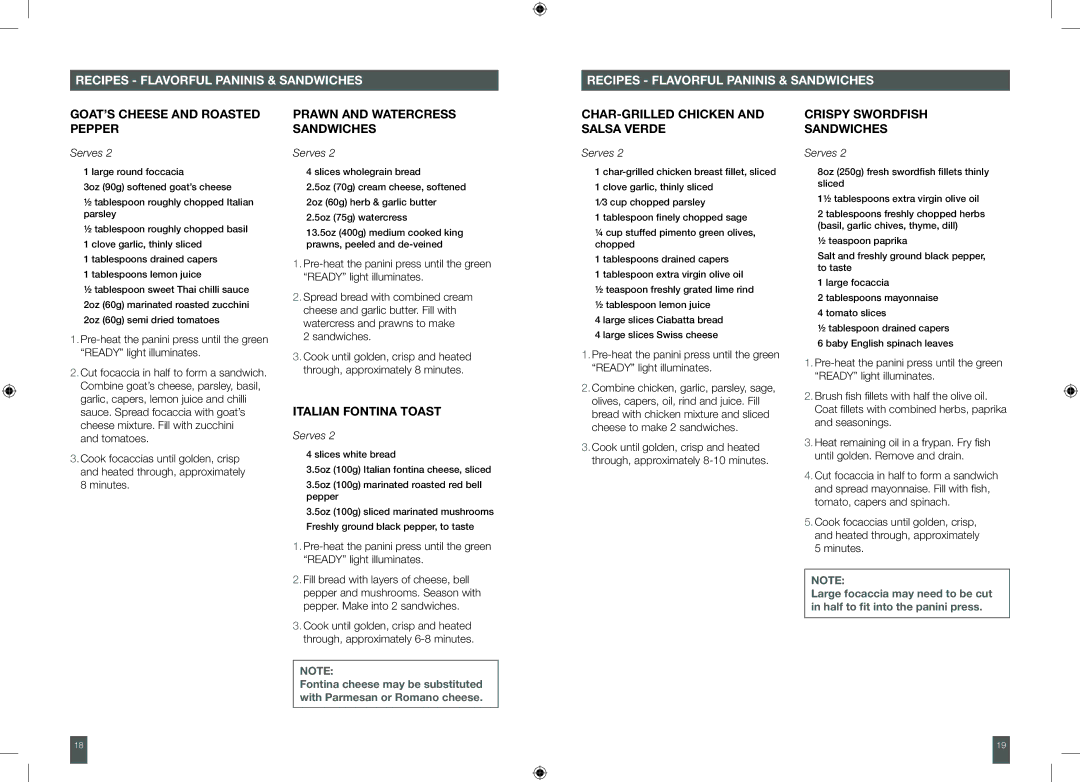 Breville BSG540XL, BSG520XL manual GOAT’S Cheese and Roasted Pepper, Prawn and Watercress Sandwiches, Italian Fontina Toast 