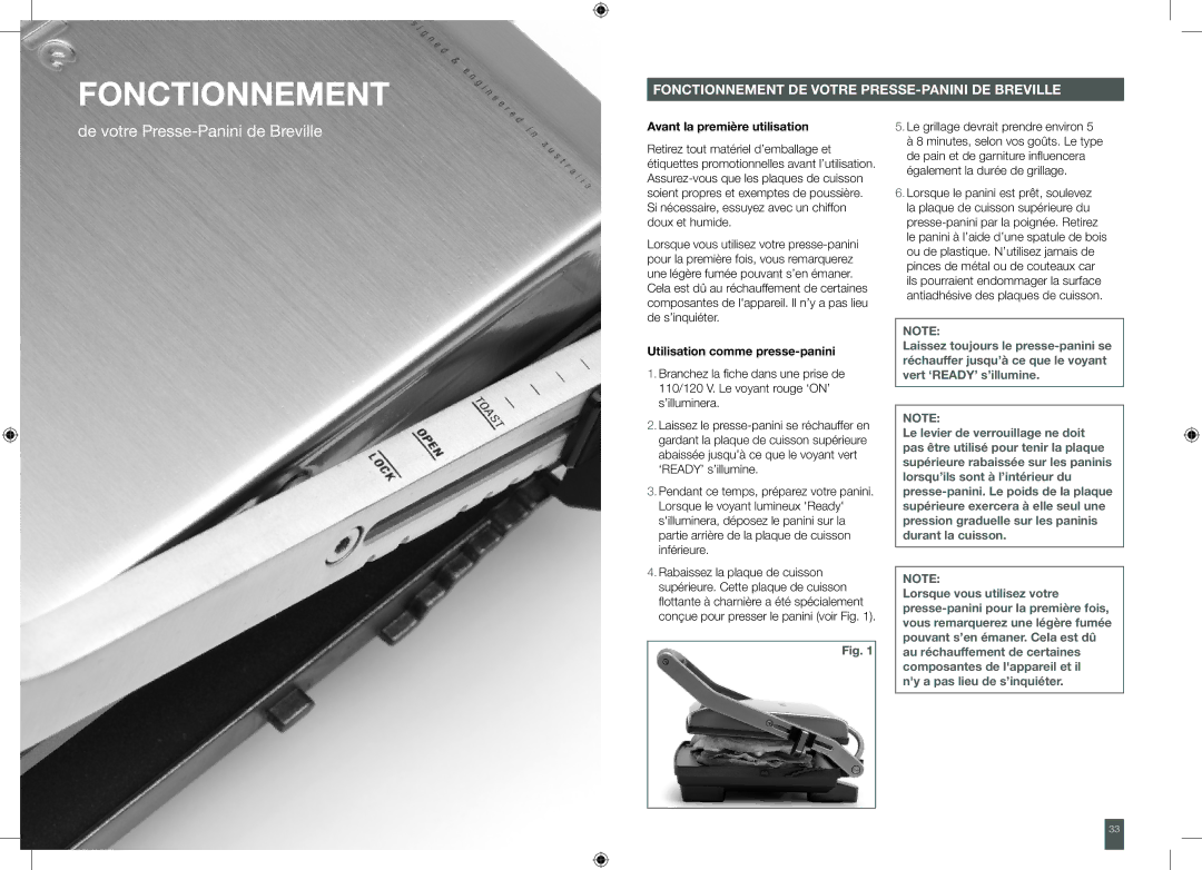 Breville BSG520XL, BSG540XL manual Fonctionnement, Avant la première utilisation, Utilisation comme presse-panini 