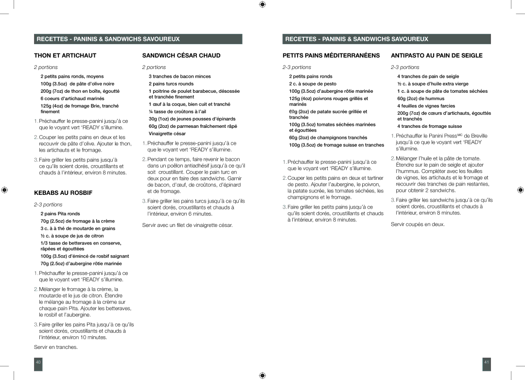 Breville BSG520XL, BSG540XL manual Thon ET Artichaut, Kebabs AU Rosbif, Sandwich César Chaud, Petits Pains Méditerranéens 