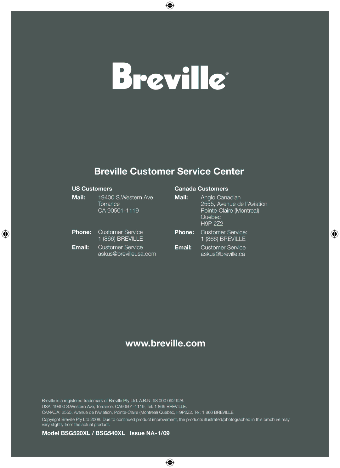 Breville BSG520XL, BSG540XL manual Breville Customer Service Center 