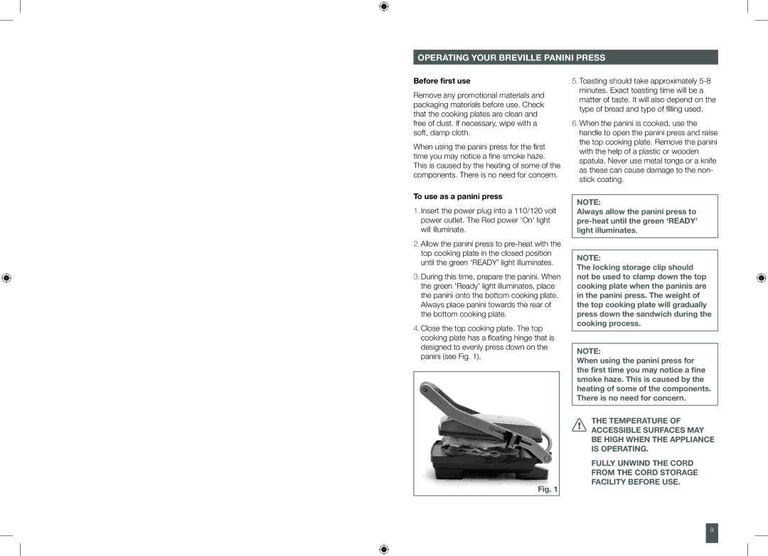 Breville BSG520XL, BSG540XL manual Operating, Before first use, To use as a panini press 