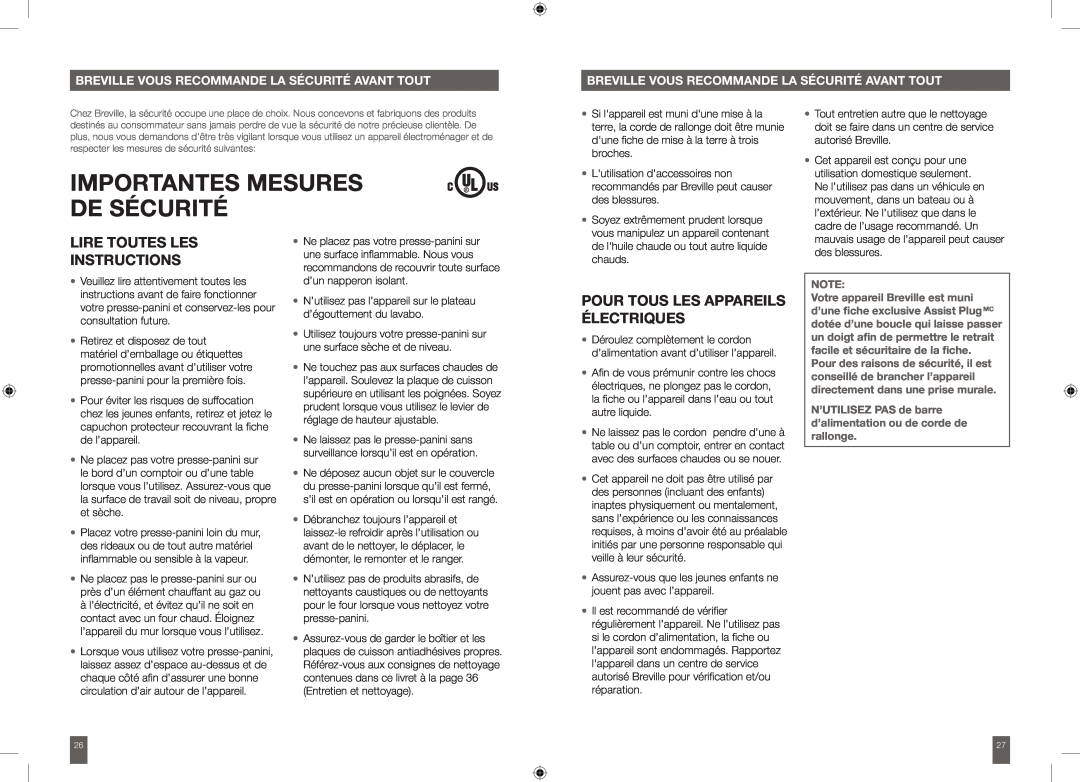 Breville BSG540XL manual Importantes Mesures De Sécurité, Lire Toutes Les Instructions, Pour Tous Les Appareils Électriques 