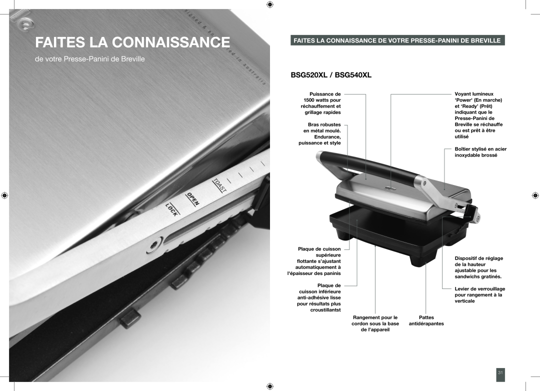 Breville manual Faites La Connaissance, de votre Presse-Paninide Breville, BSG520XL / BSG540XL, lépaisseur des paninis 