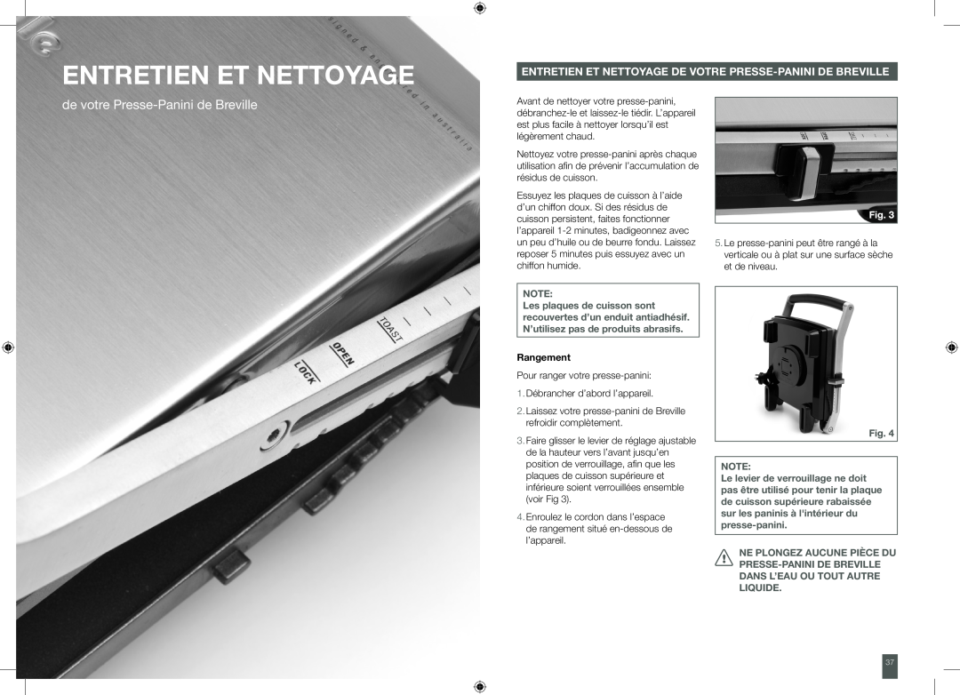 Breville BSG520XL, BSG540XL manual Entretien Et Nettoyage, Rangement, de votre Presse-Paninide Breville 