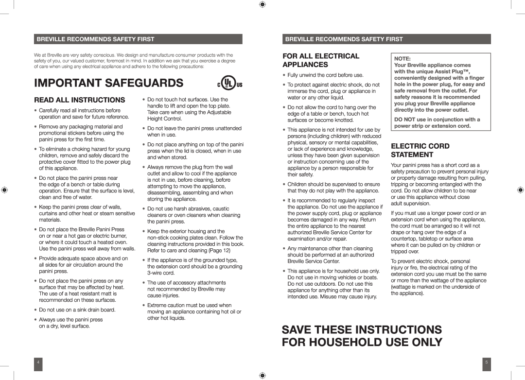 Breville BSG520XL Important safeguards, Save These Instructions For Household Use Only, For All Electrical Appliances 