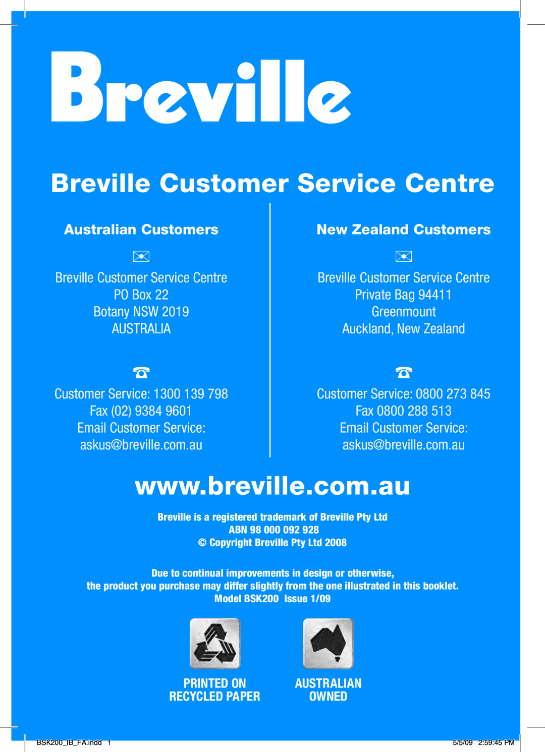 Breville BSK200 manual Breville Customer Service Centre 