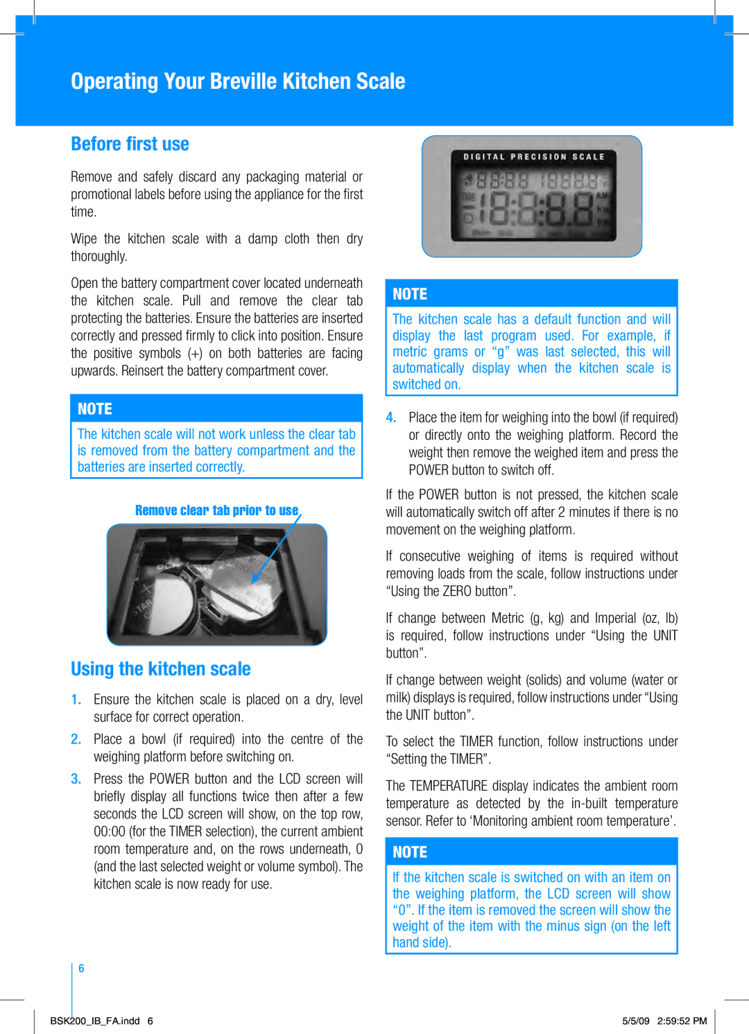 Breville BSK200 manual Operating Your Breville Kitchen Scale, Before first use, Using the kitchen scale 