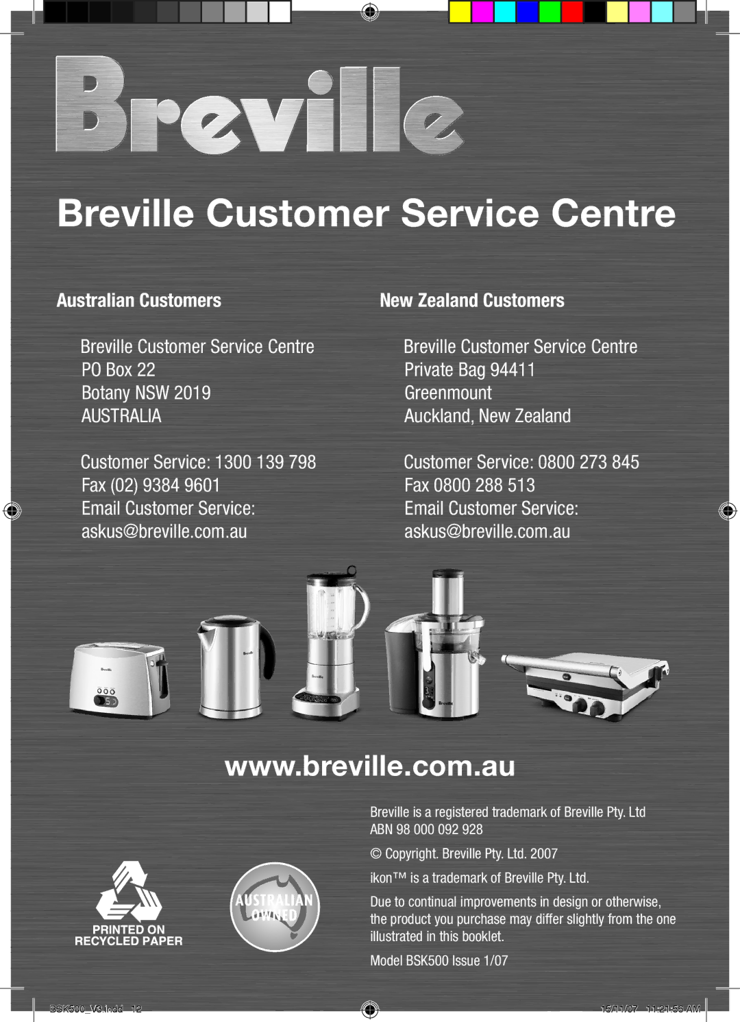 Breville BSK500 manual Breville Customer Service Centre 