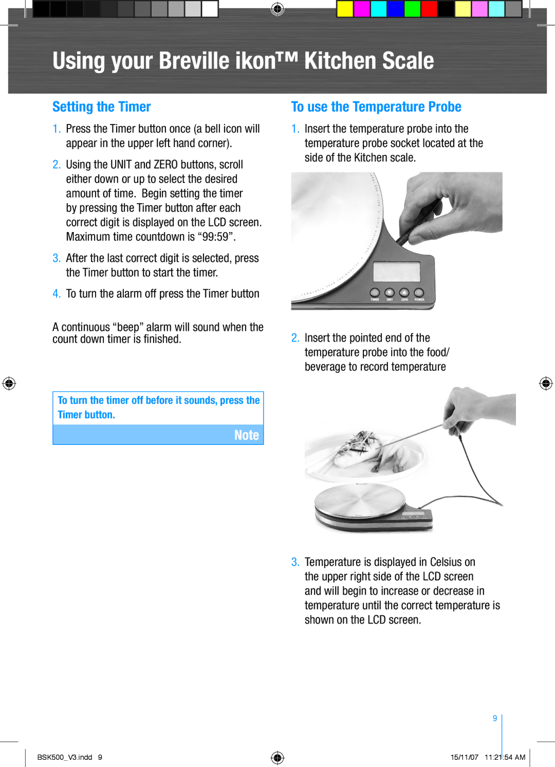 Breville BSK500 manual Setting the Timer, To use the Temperature Probe 