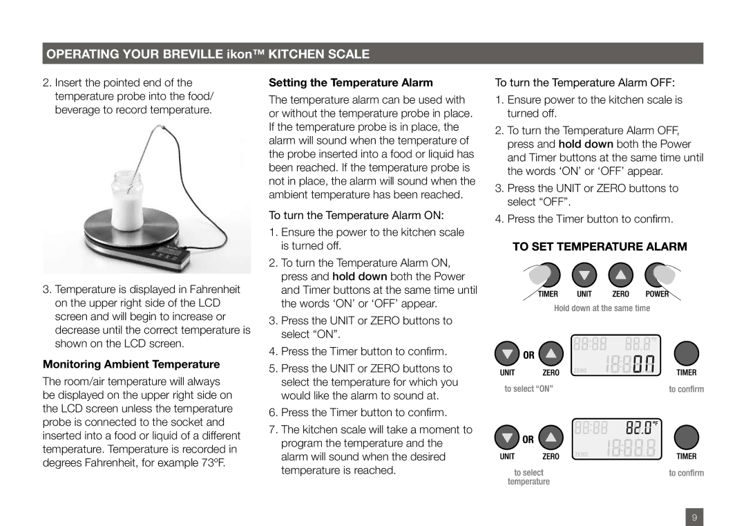 Breville BSK500XL manual Monitoring Ambient Temperature, Setting the Temperature Alarm 