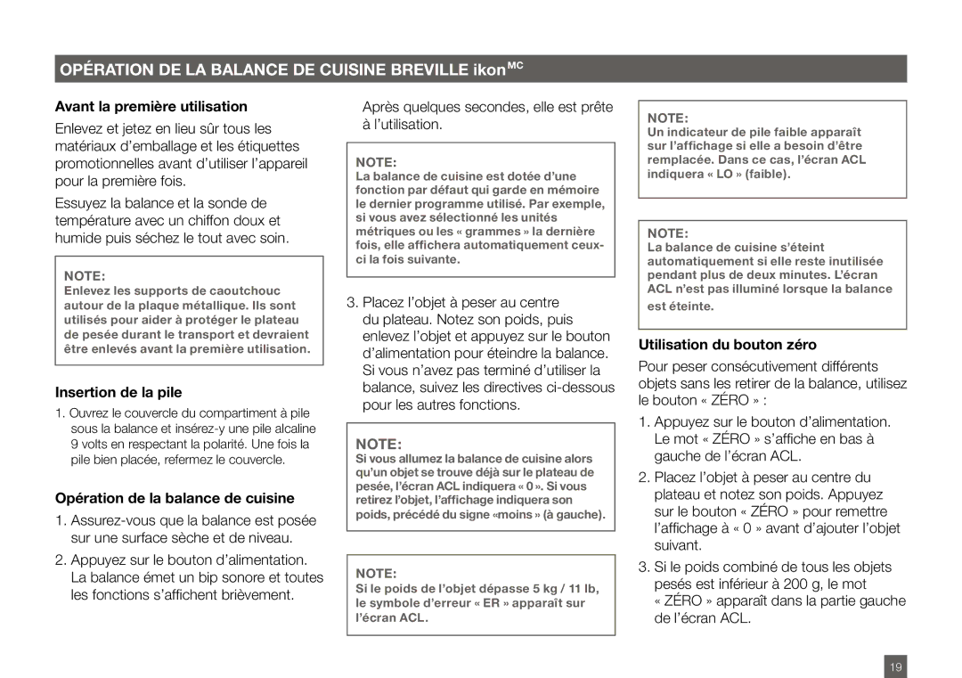 Breville BSK500XL manual Avant la première utilisation, Insertion de la pile, Opération de la balance de cuisine 