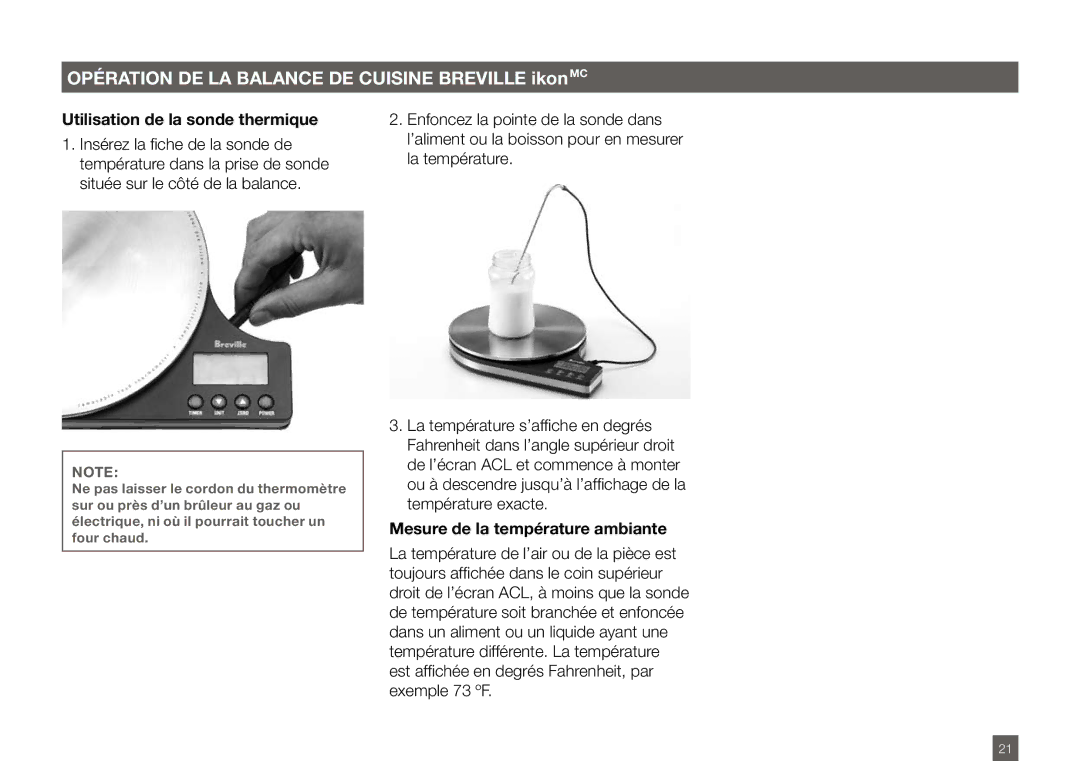 Breville BSK500XL manual Utilisation de la sonde thermique, Mesure de la température ambiante 