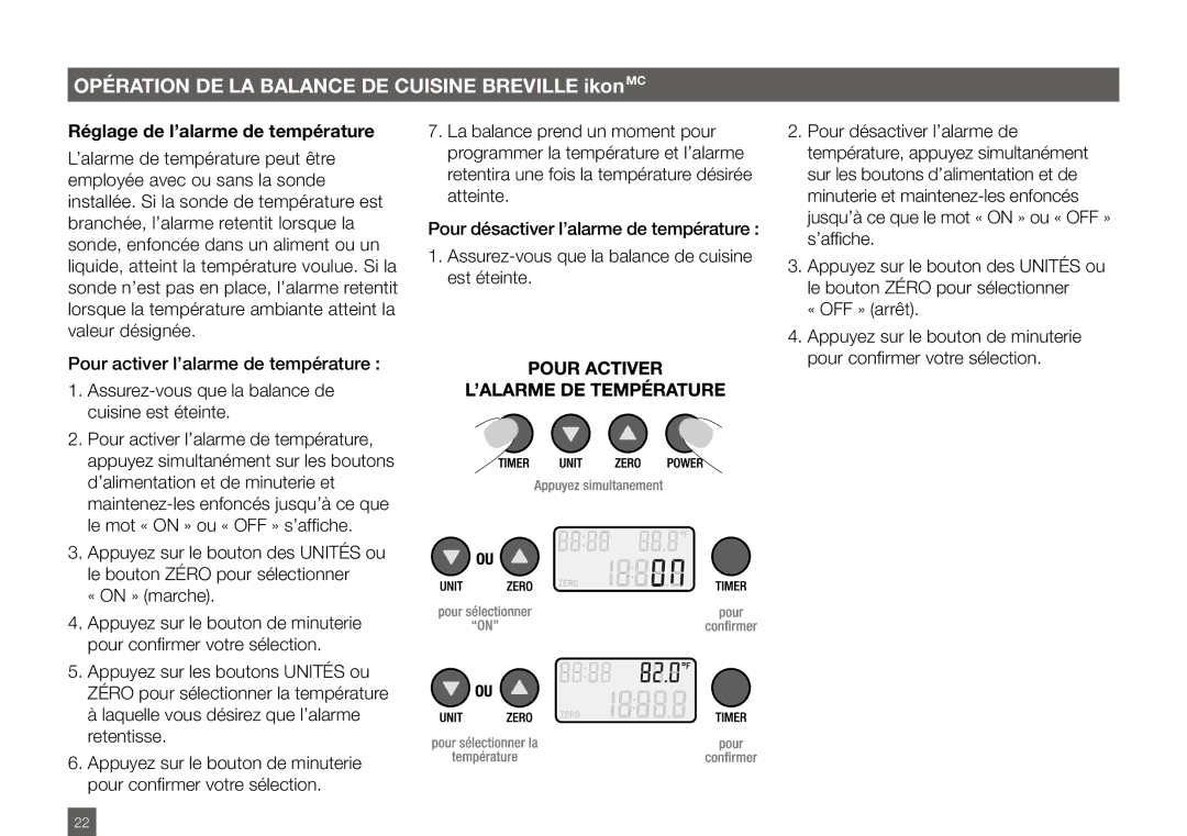 Breville BSK500XL manual Réglage de l’alarme de température 