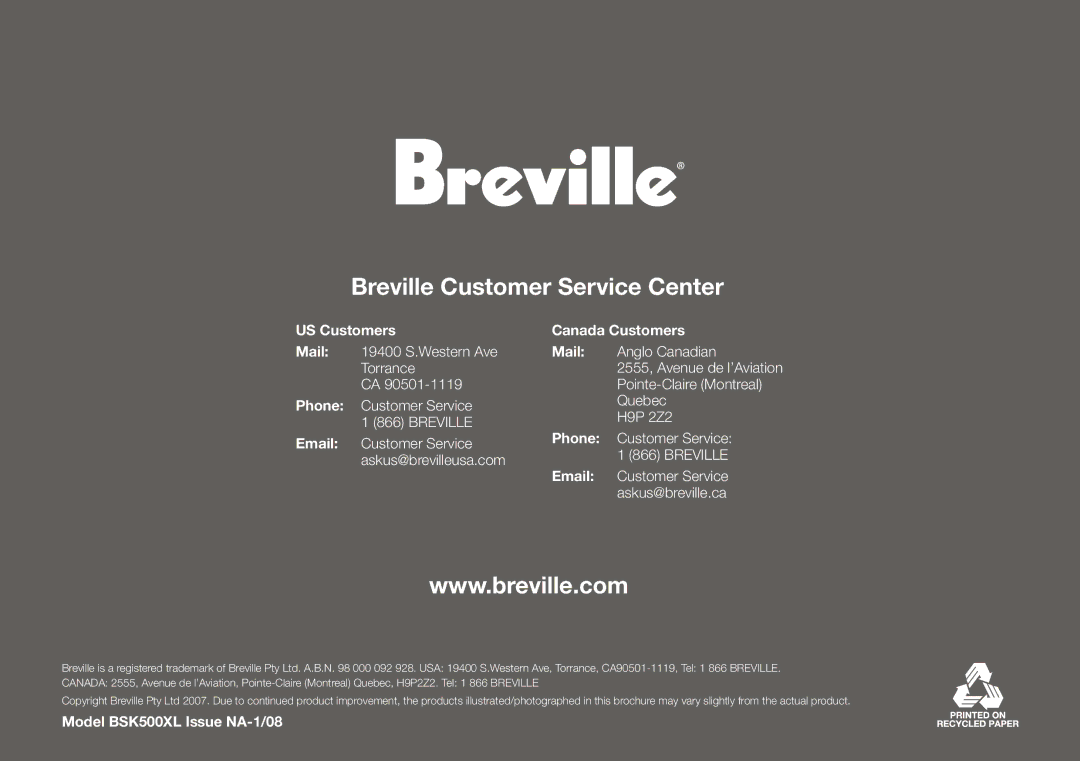 Breville BSK500XL manual Breville Customer Service Center 