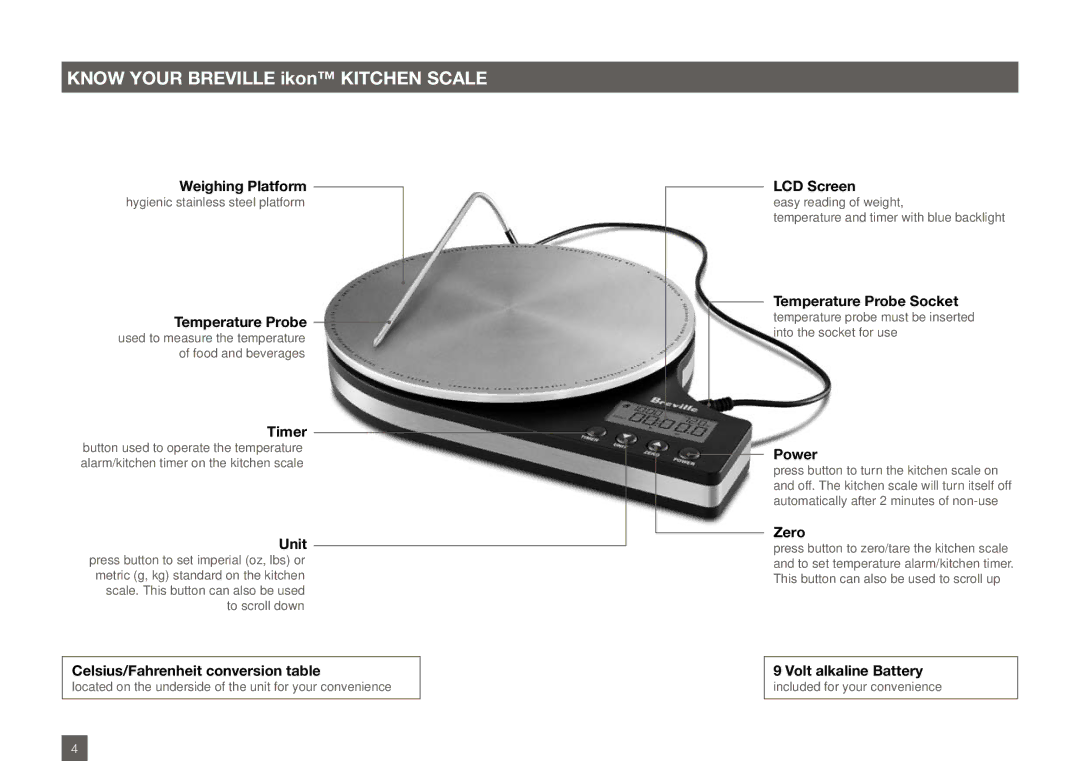 Breville BSK500XL manual Know Your Breville ikon Kitchen Scale 