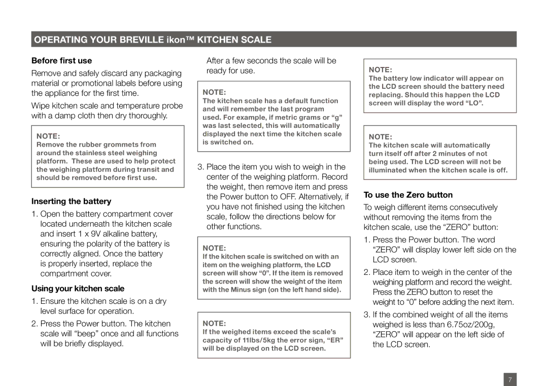 Breville BSK500XL manual Before first use, Inserting the battery, Using your kitchen scale, To use the Zero button 