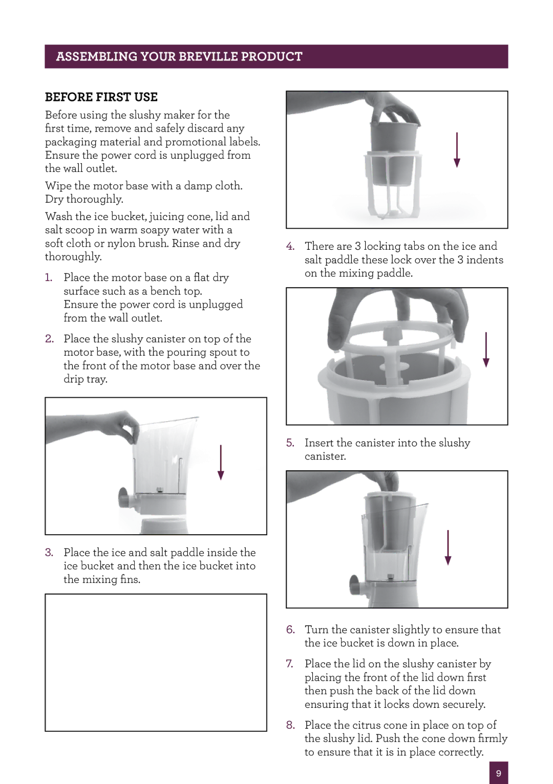 Breville BSM300 brochure Assembling your Breville Product, Before first use 