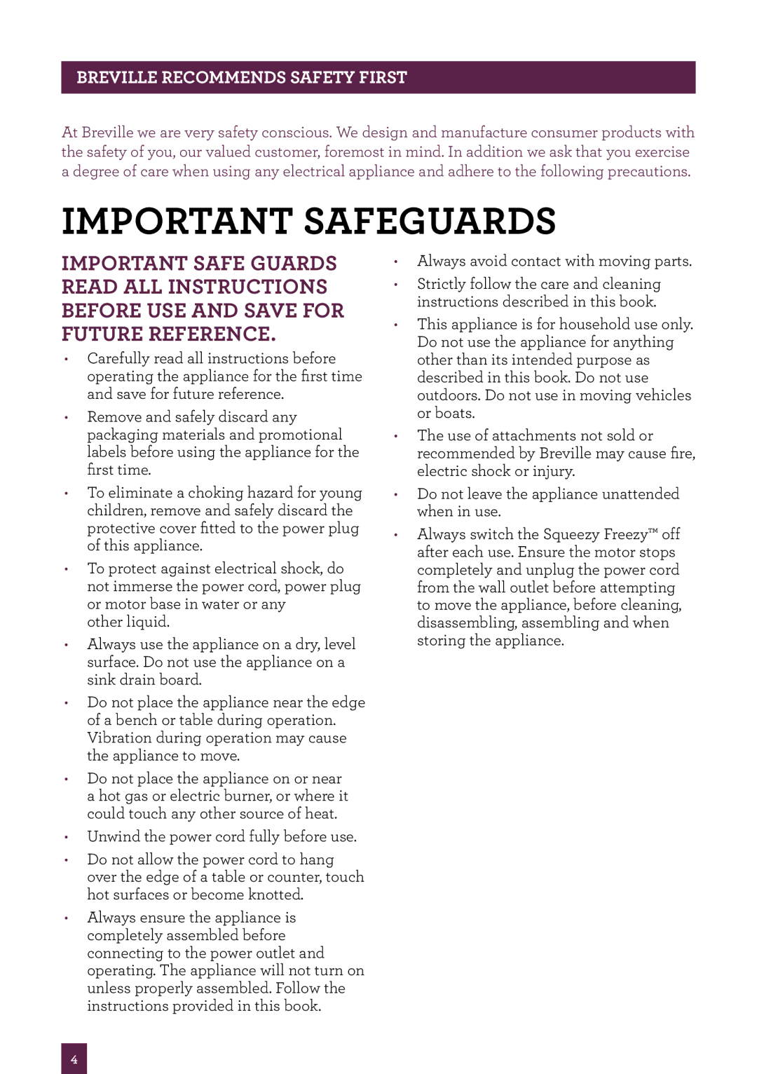 Breville BSM300 brochure Important safeguards, Breville recommends safety first 