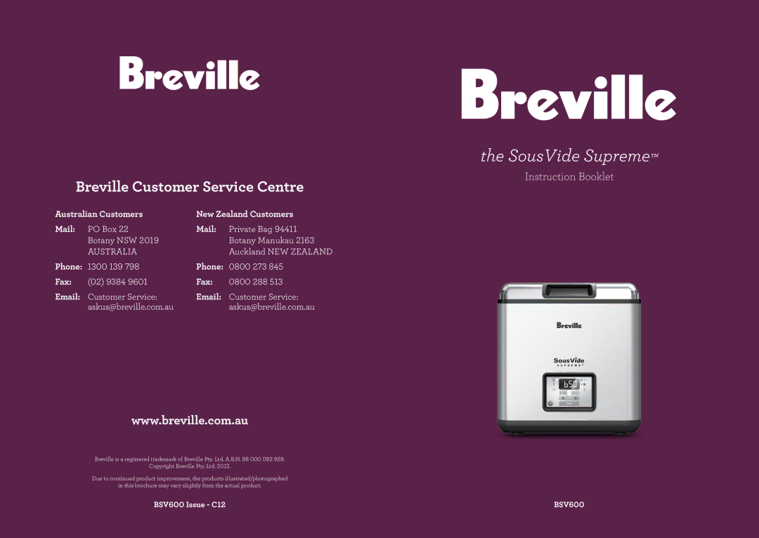 Breville BSV600 brochure Australian Customers New Zealand Customers Mail, Phone, Fax 