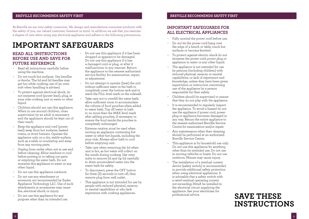 Breville BSV600 brochure Important safeguards, Breville recommends safety first 