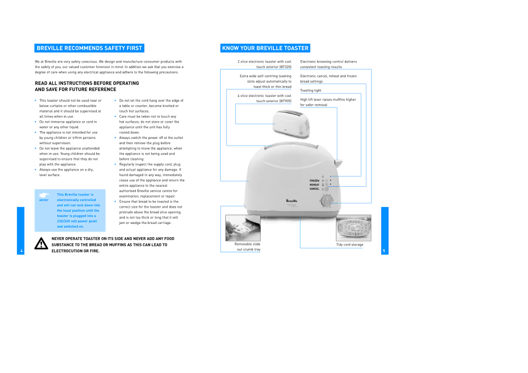 Breville BT905, BT320 manual Breville Recommends Safety First Know Your Breville Toaster 