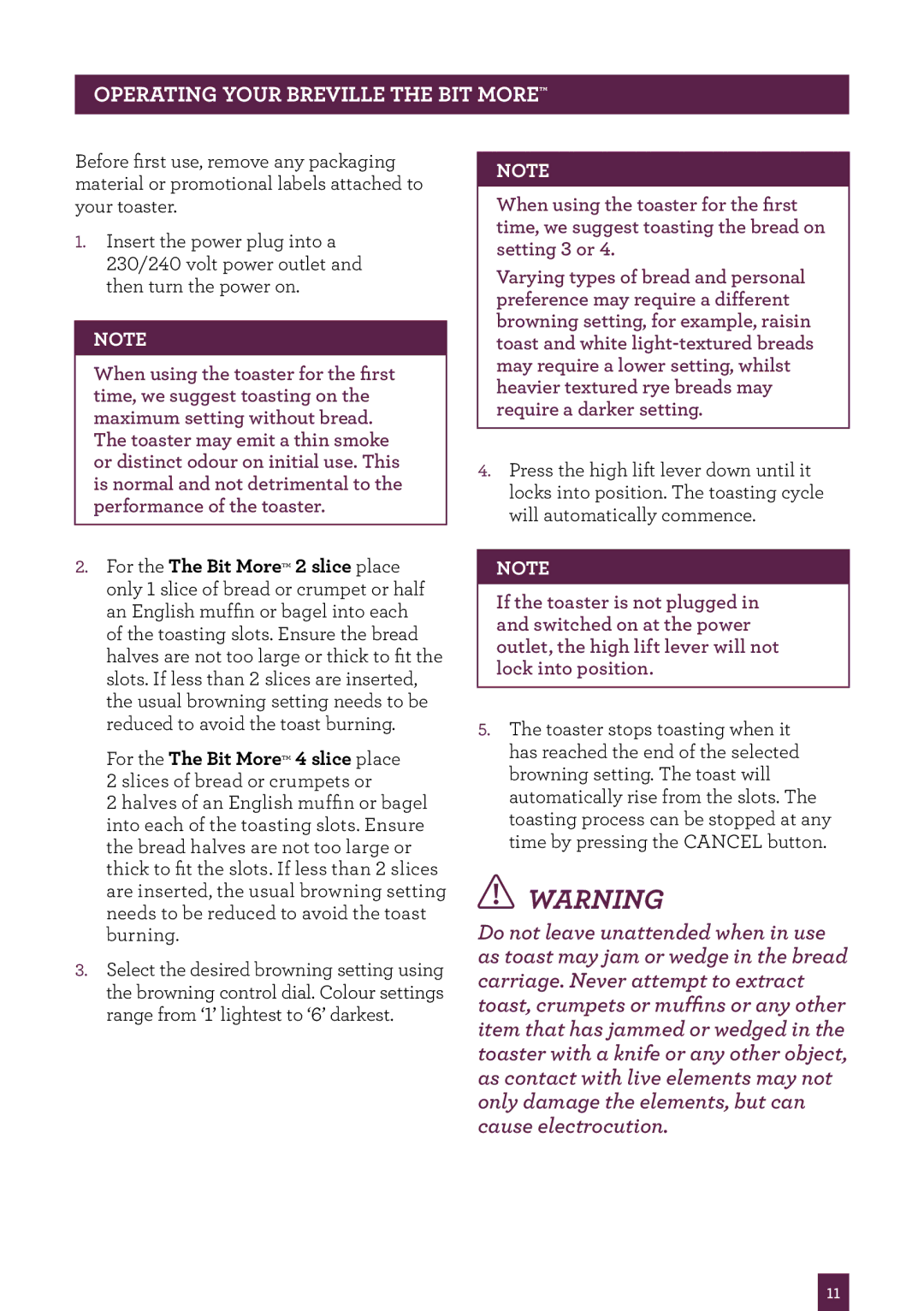 Breville BTA430, BTA425 brochure Operating your Breville The Bit More 