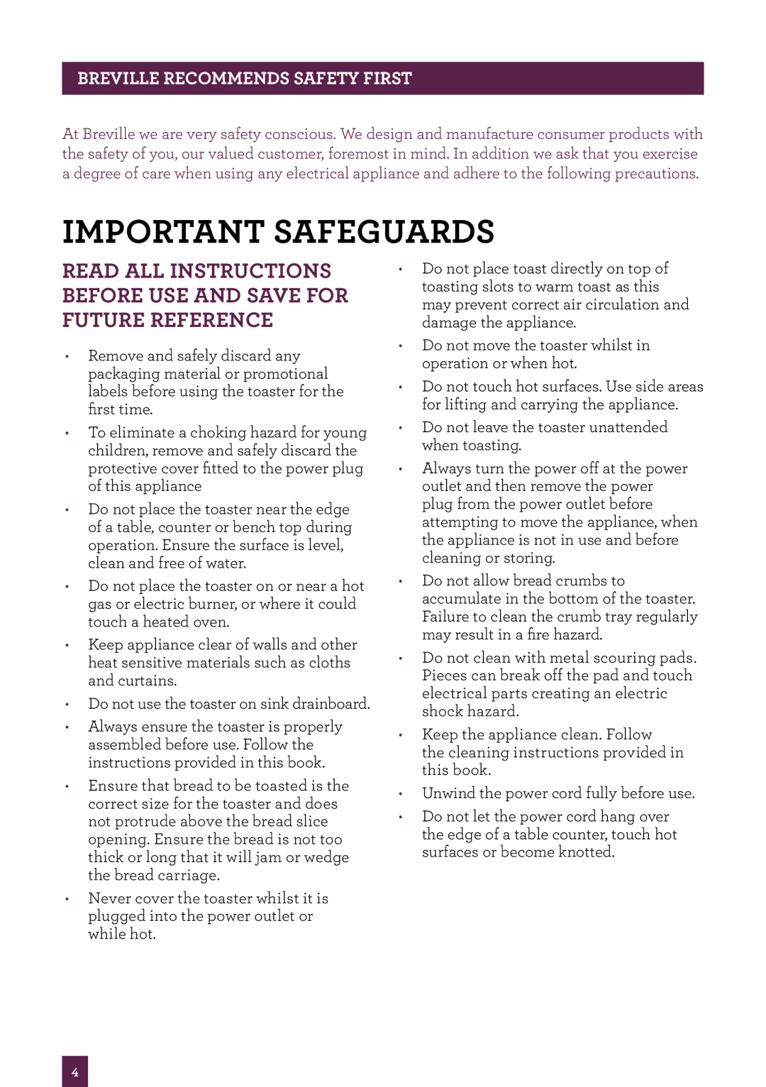 Breville BTA425, BTA430 brochure Important safeguards, Breville recommends safety first 