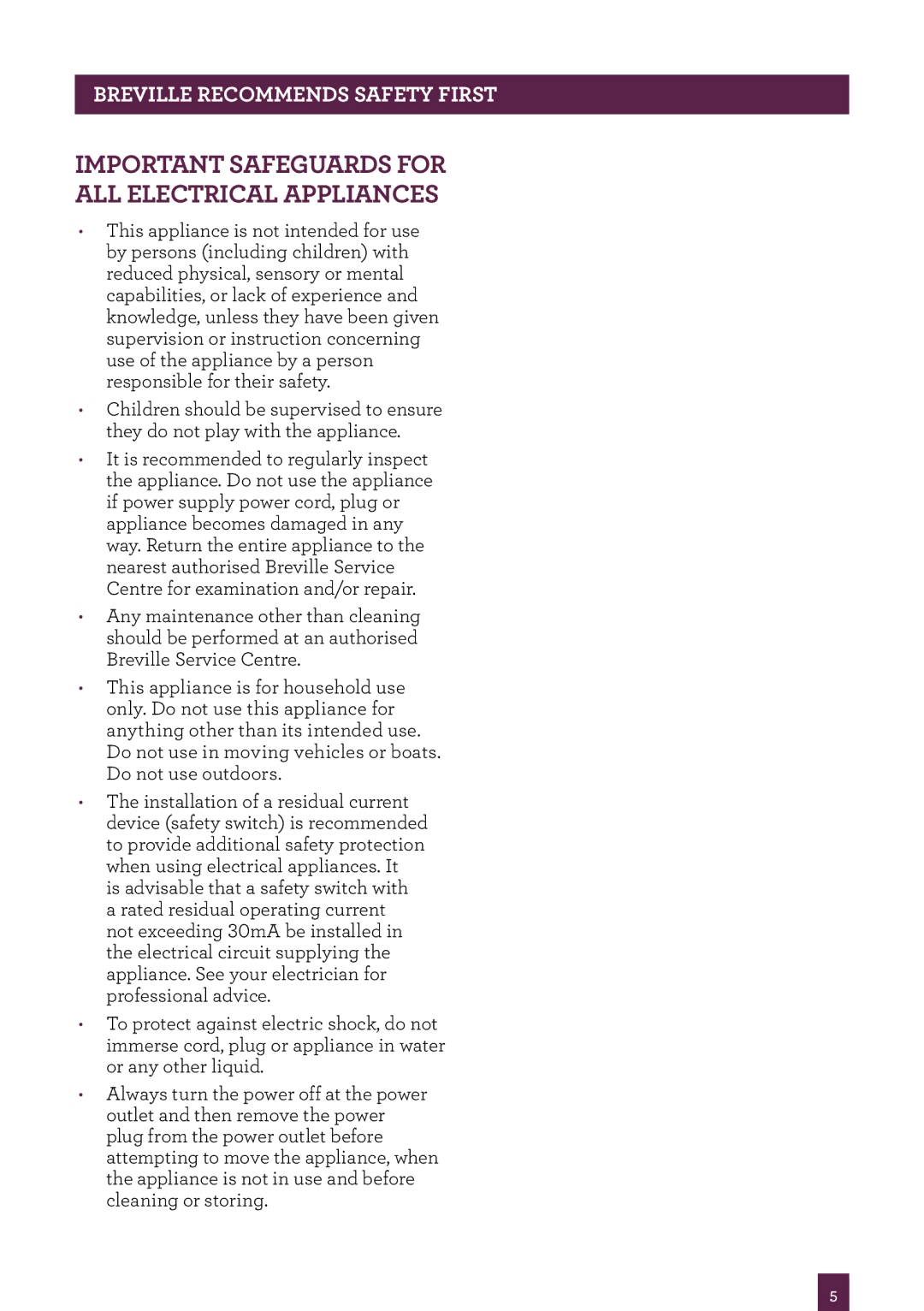 Breville BTA430, BTA425 brochure Important Safeguards for ALL Electrical Appliances 