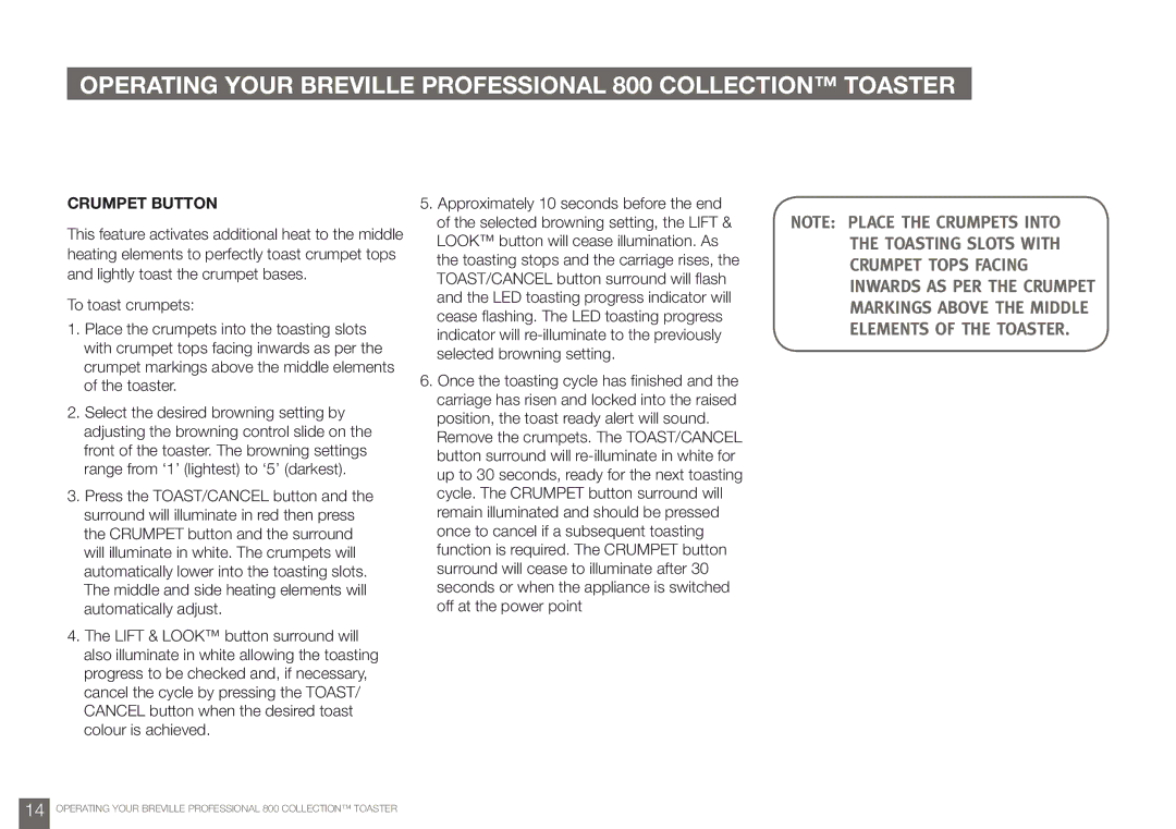 Breville BTA820, BTA840 manual Elements of the toaster, Crumpet Button 