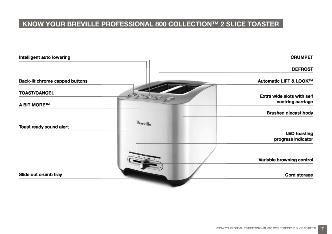 Breville BTA840, BTA820 manual KNOW YOUR BREVILLE PROFESSIONAL 800 COLLECTION 2 SLice TOASTER 