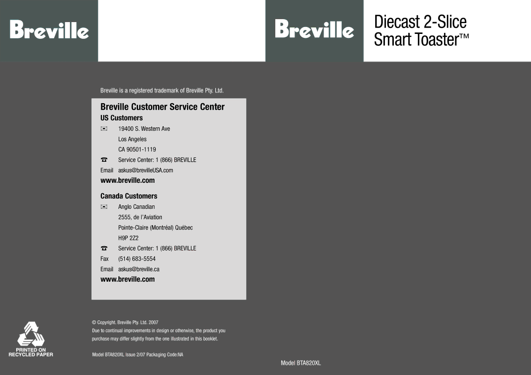 Breville BTA820XL manual Service Center 1 866 Breville Email askus@brevilleUSA.com, Anglo Canadian 2555, de l’Aviation 