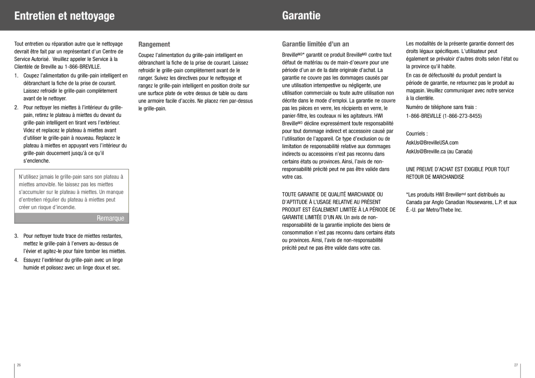 Breville BTA820XL manual Entretien et nettoyage Garantie, Rangement, Garantie limitée d’un an 